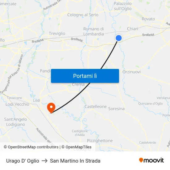 Urago D' Oglio to San Martino In Strada map