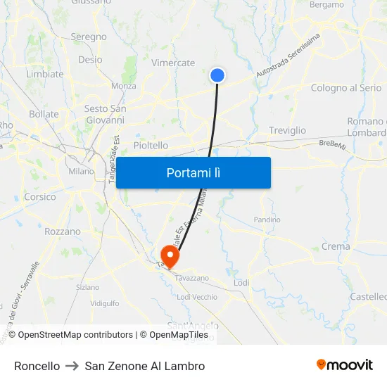 Roncello to San Zenone Al Lambro map