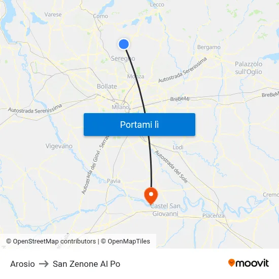 Arosio to San Zenone Al Po map