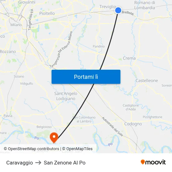 Caravaggio to San Zenone Al Po map