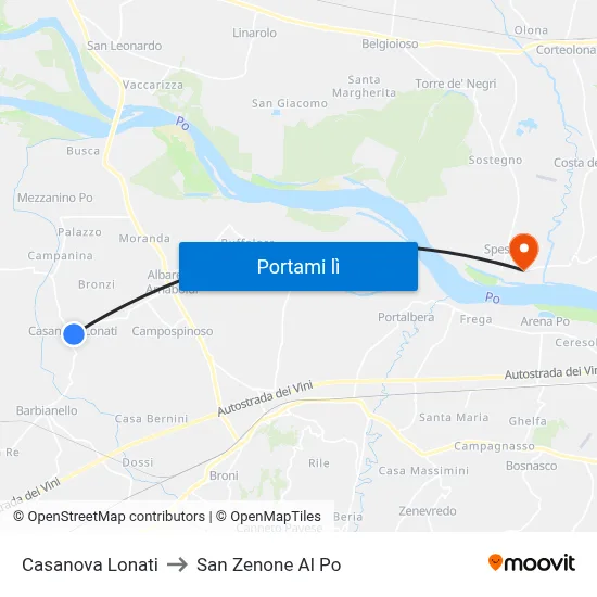 Casanova Lonati to San Zenone Al Po map