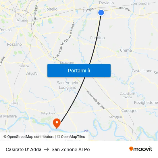 Casirate D' Adda to San Zenone Al Po map