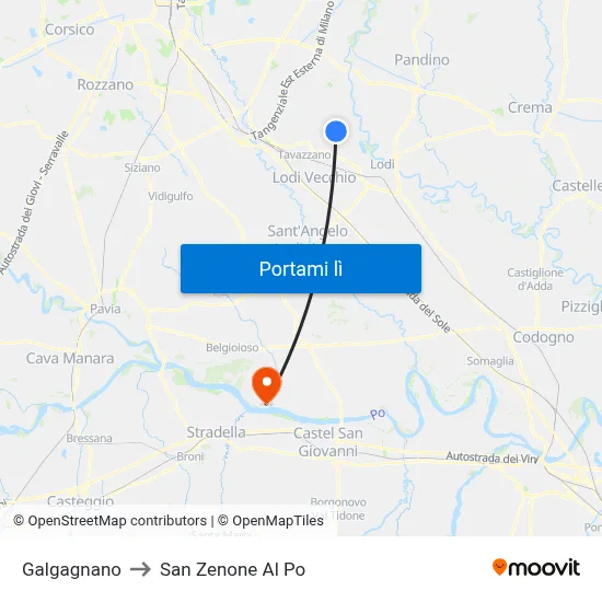 Galgagnano to San Zenone Al Po map