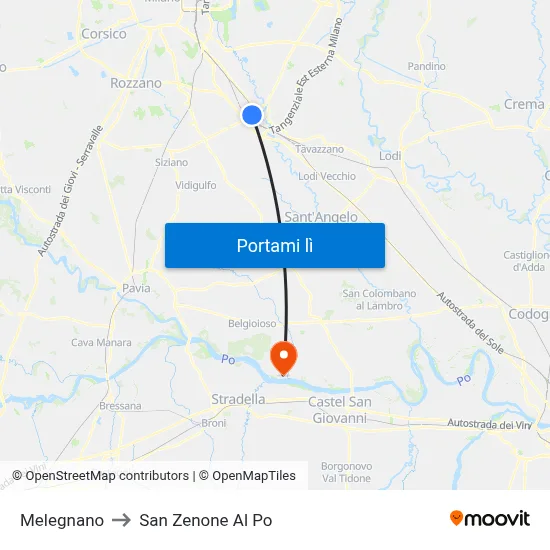 Melegnano to San Zenone Al Po map