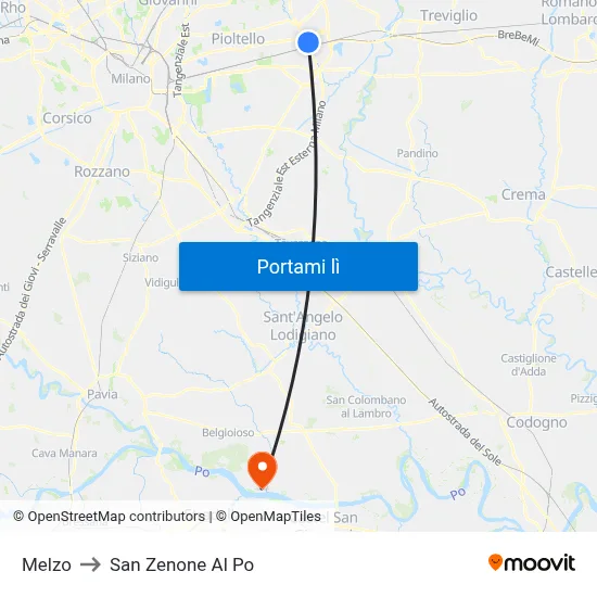 Melzo to San Zenone Al Po map