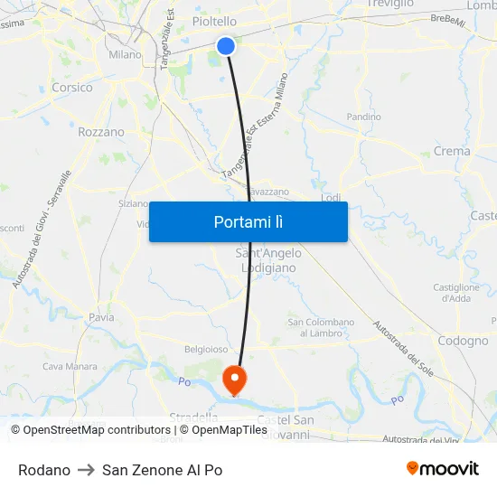 Rodano to San Zenone Al Po map