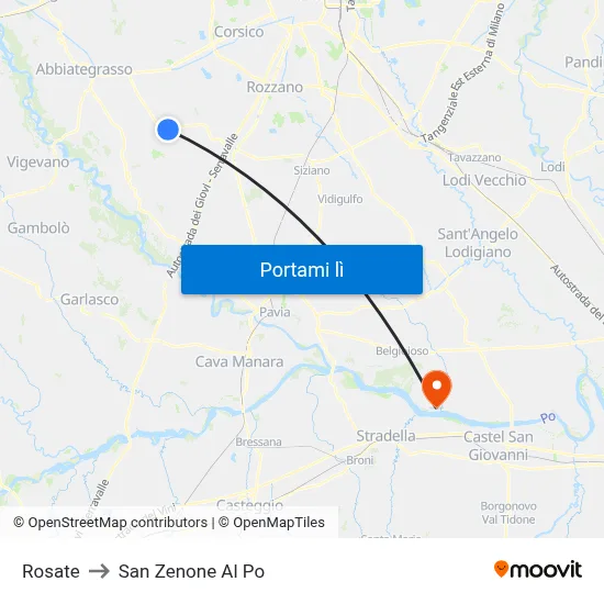 Rosate to San Zenone Al Po map