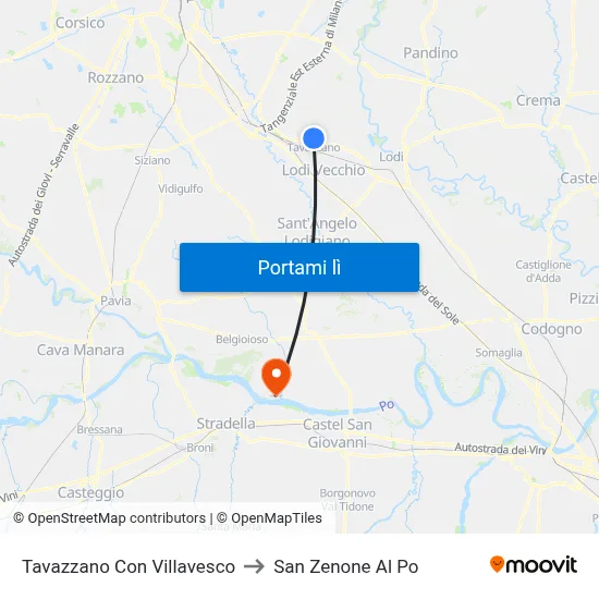 Tavazzano Con Villavesco to San Zenone Al Po map