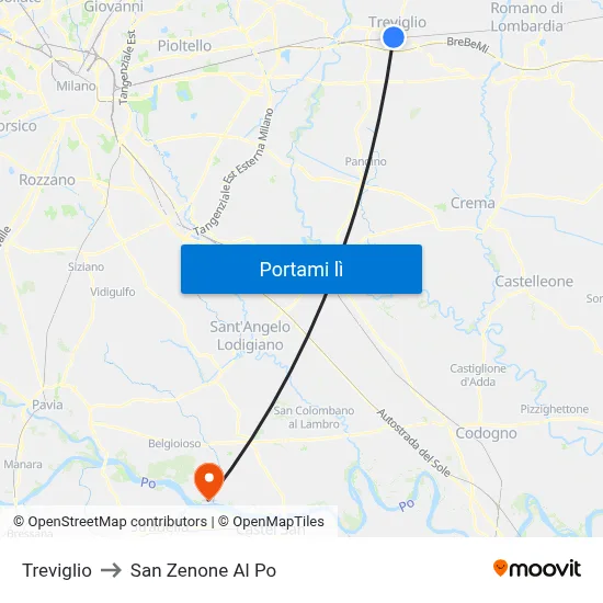 Treviglio to San Zenone Al Po map