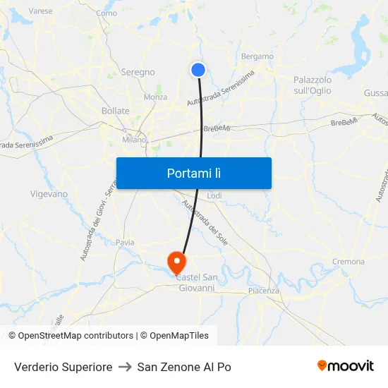 Verderio Superiore to San Zenone Al Po map