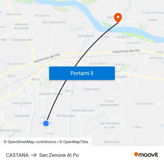 CASTANA to San Zenone Al Po map