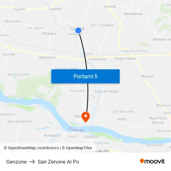 Genzone to San Zenone Al Po map