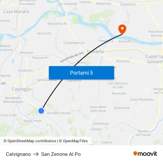 Calvignano to San Zenone Al Po map