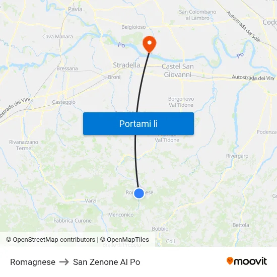 Romagnese to San Zenone Al Po map