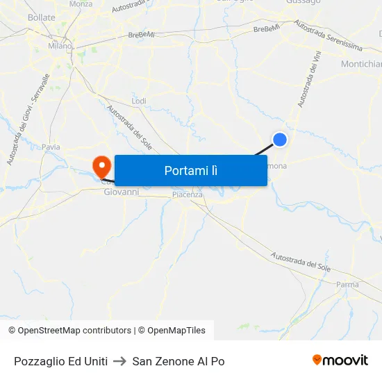 Pozzaglio Ed Uniti to San Zenone Al Po map