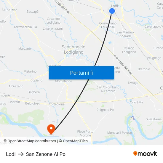 Lodi to San Zenone Al Po map