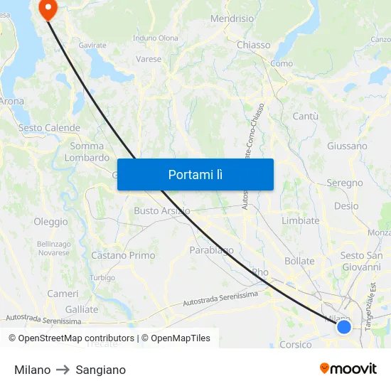 Milano to Sangiano map