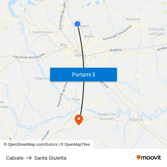Cabiate to Santa Giuletta map