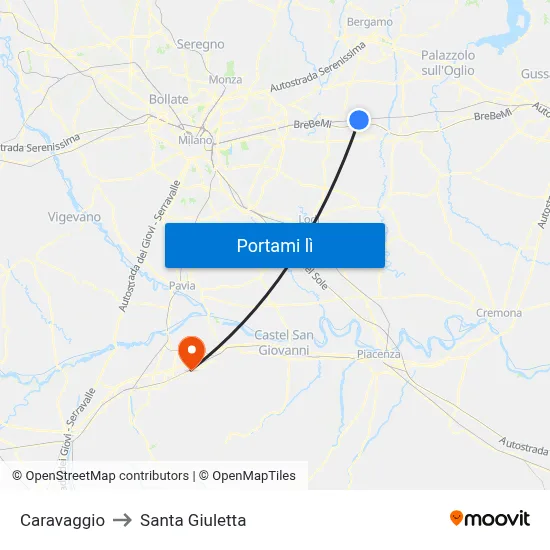 Caravaggio to Santa Giuletta map