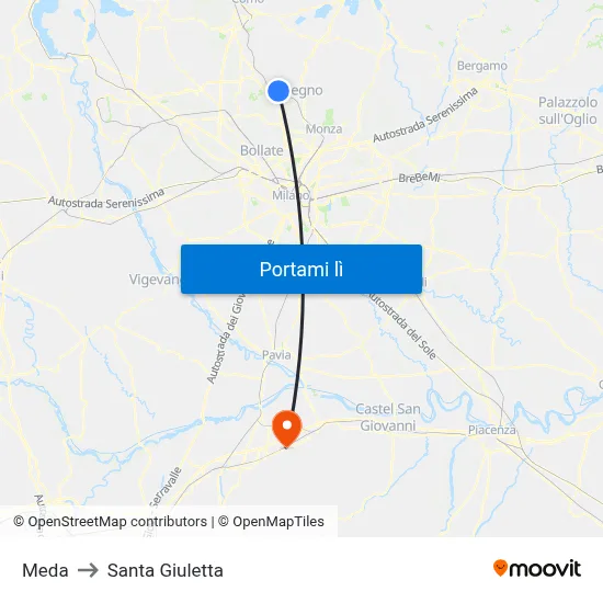 Meda to Santa Giuletta map