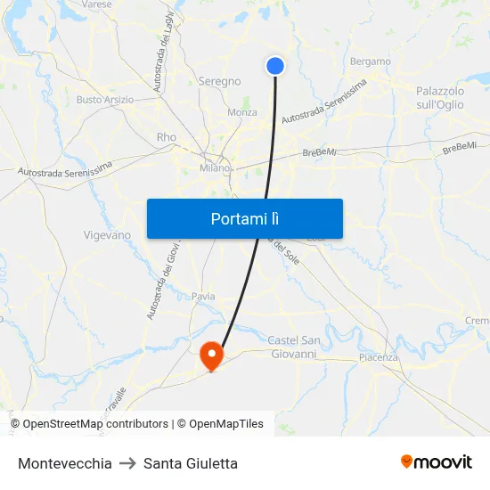 Montevecchia to Santa Giuletta map