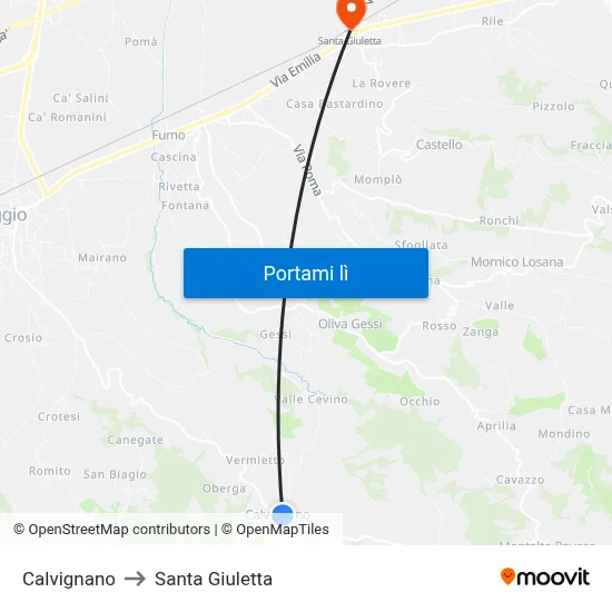 Calvignano to Santa Giuletta map