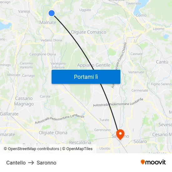Cantello to Saronno map
