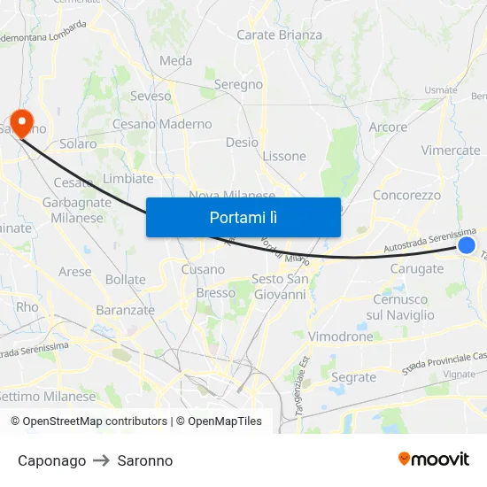 Caponago to Saronno map