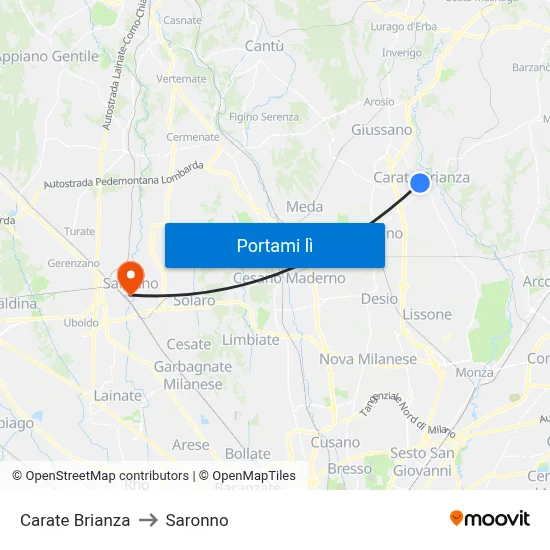 Carate Brianza to Saronno map