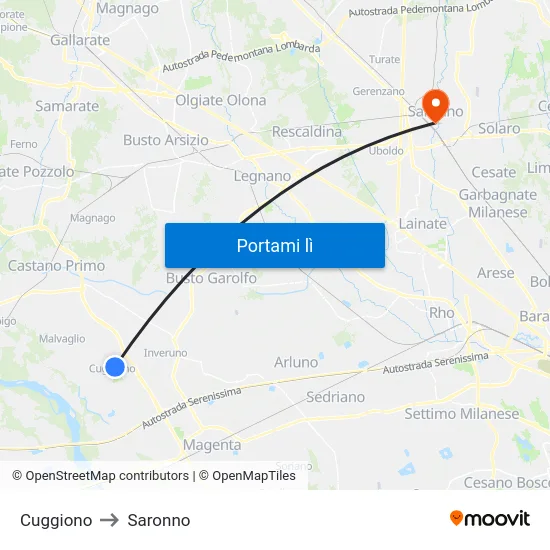 Cuggiono to Saronno map