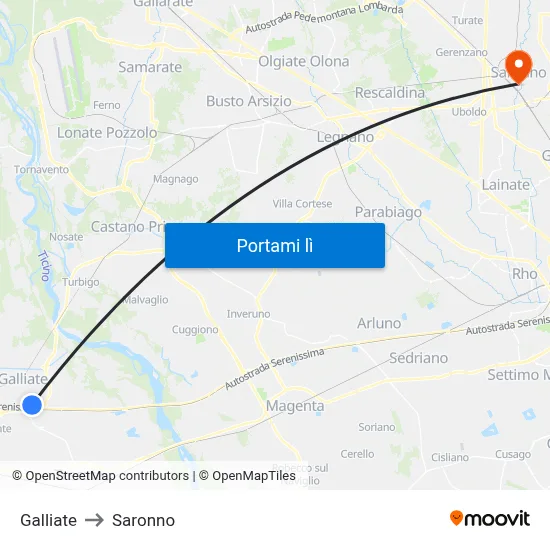 Galliate to Saronno map