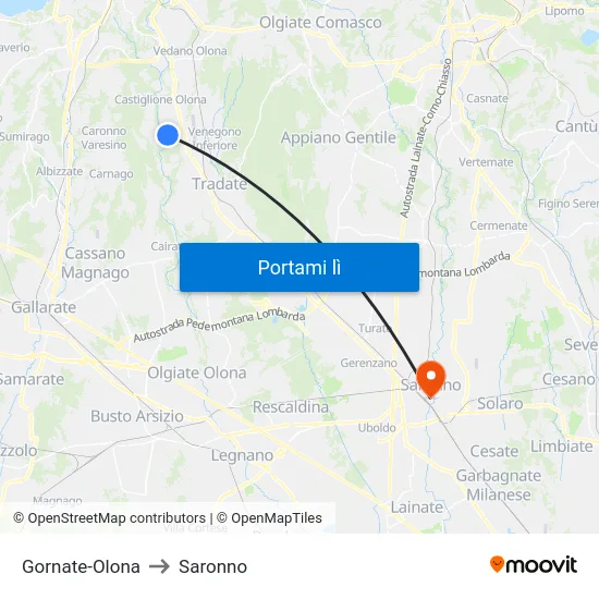 Gornate-Olona to Saronno map