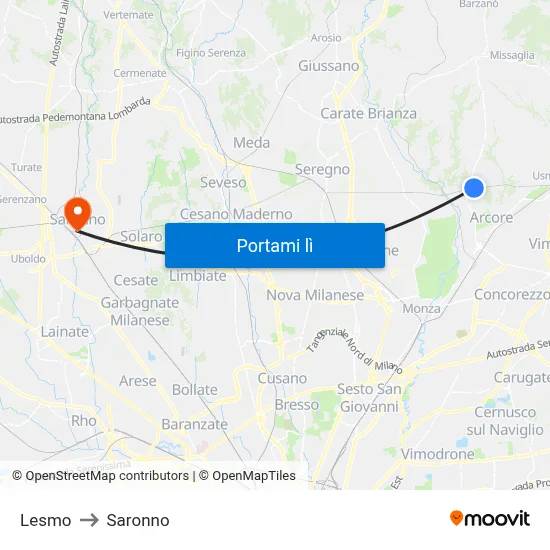 Lesmo to Saronno map