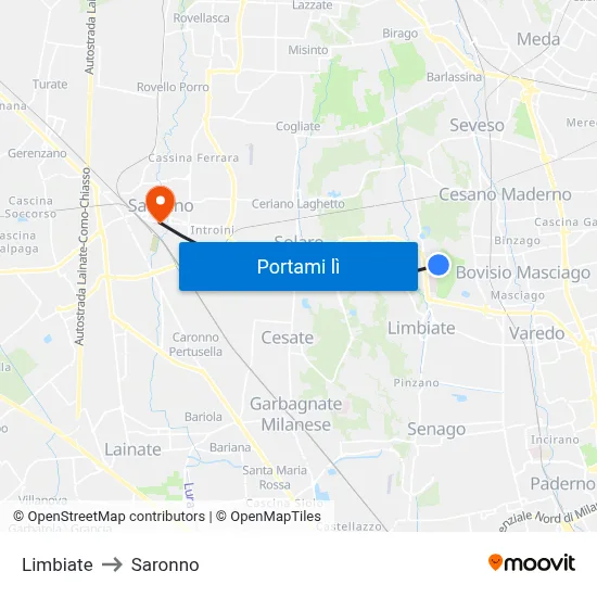 Limbiate to Saronno map