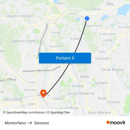 Montorfano to Saronno map