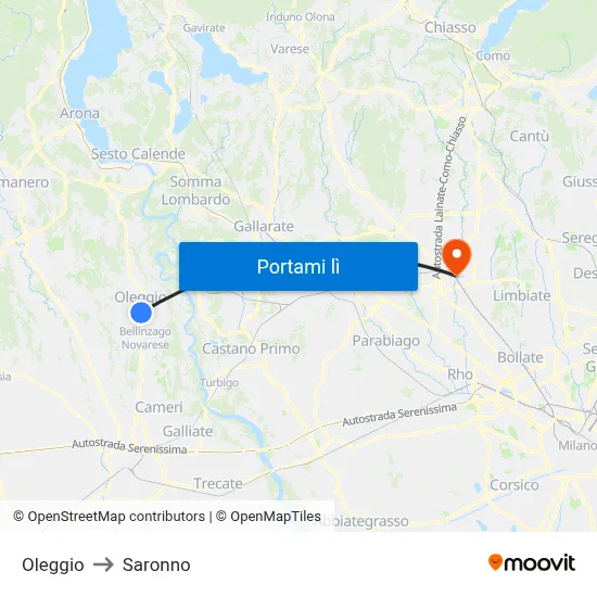 Oleggio to Saronno map