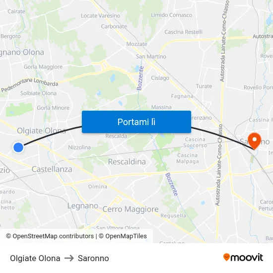 Olgiate Olona to Saronno map
