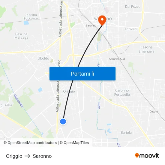 Origgio to Saronno map