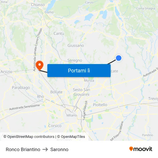 Ronco Briantino to Saronno map