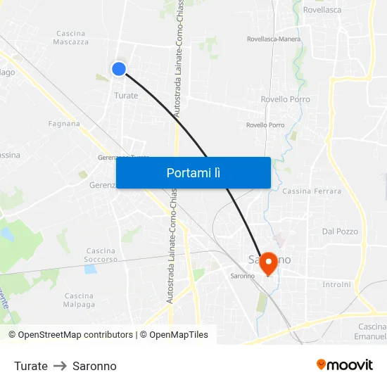 Turate to Saronno map