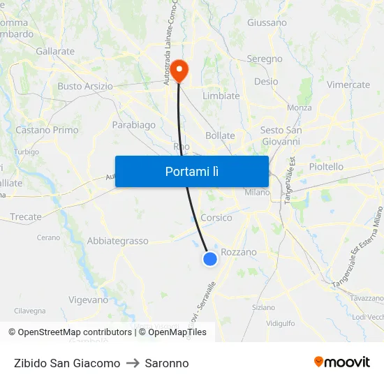 Zibido San Giacomo to Saronno map