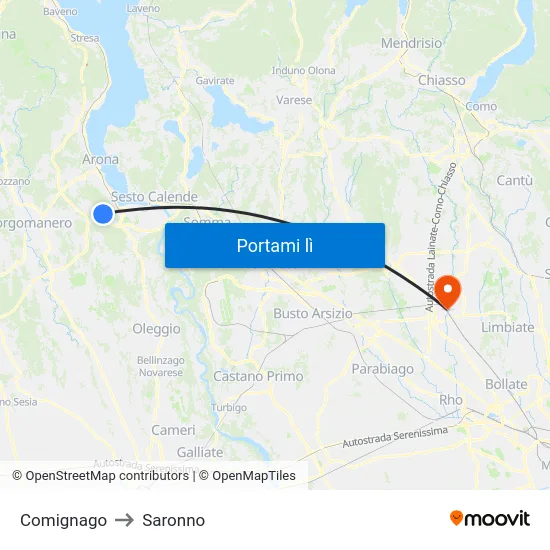 Comignago to Saronno map