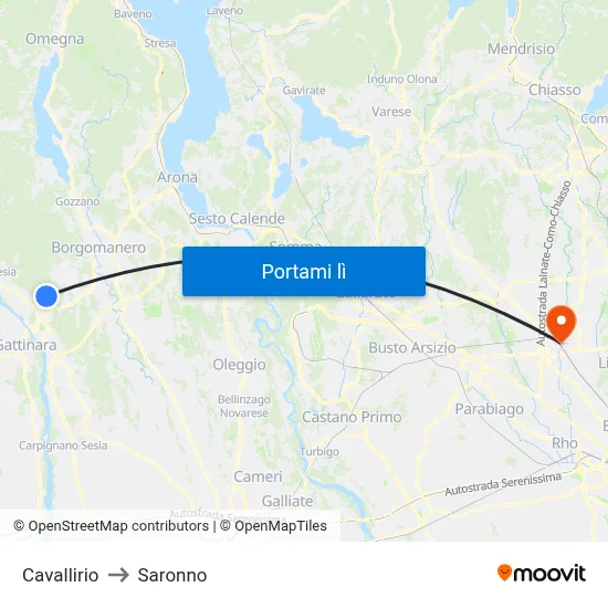 Cavallirio to Saronno map