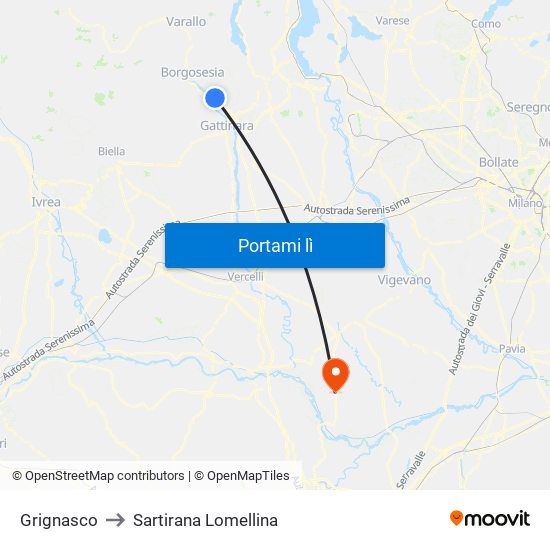 Grignasco to Sartirana Lomellina map