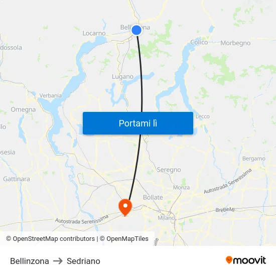 Bellinzona to Sedriano map