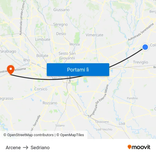 Arcene to Sedriano map