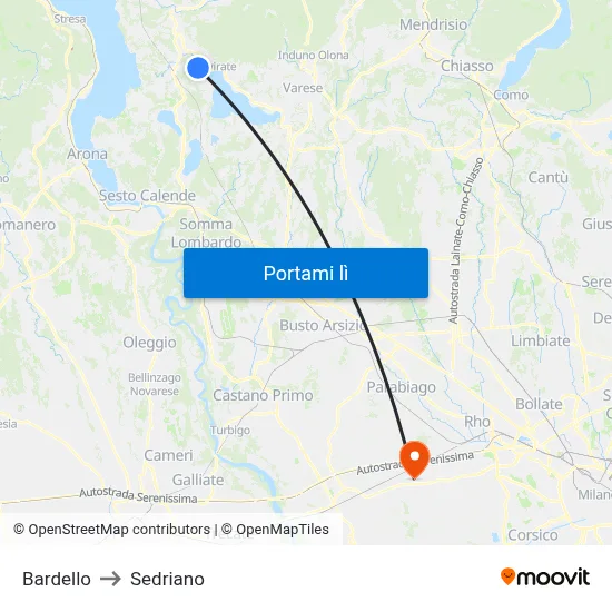Bardello to Sedriano map