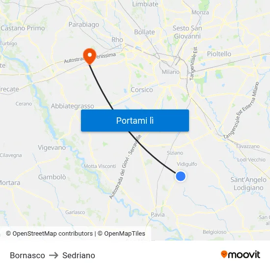 Bornasco to Sedriano map