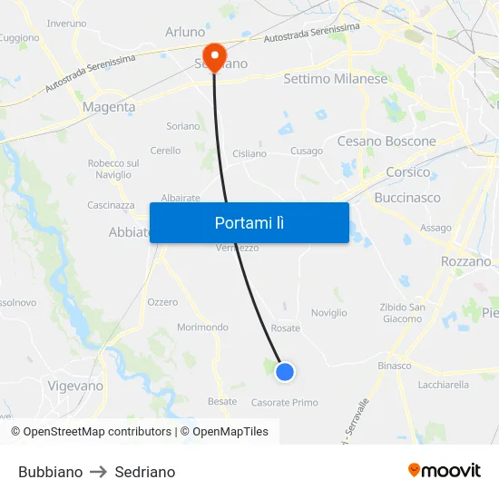 Bubbiano to Sedriano map
