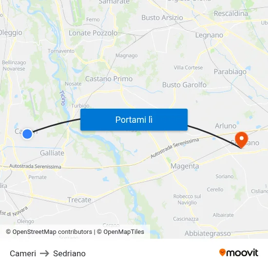 Cameri to Sedriano map